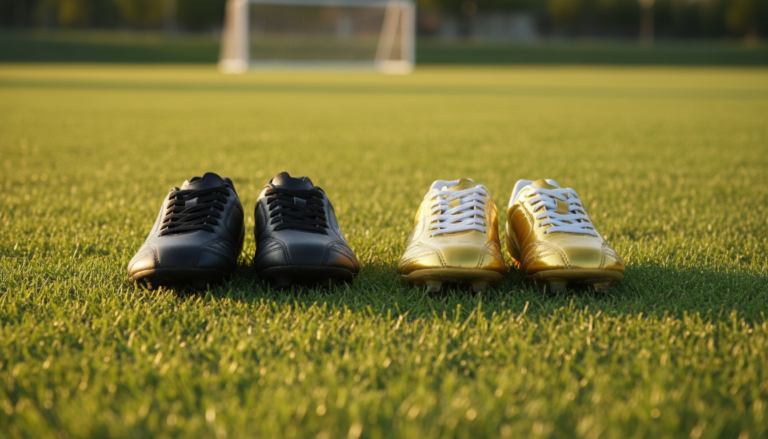 Two pairs of soccer cleats, one black and one gold